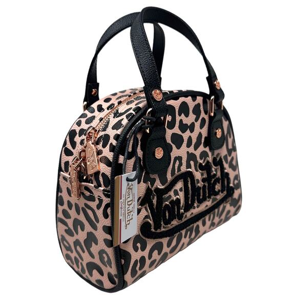 Von Dutch Women's Pink Black Cheetah Small Bowling Crossbody Hand Bag - Picture 2 of 11